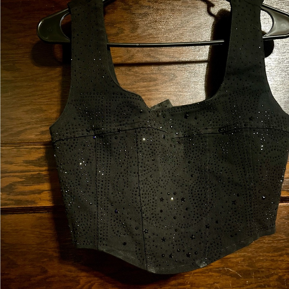 Black Denim Rhinestone Crop Top, NWT , Size Large
